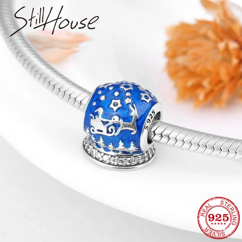 Christmas Winter night 925 Sterling Silver Blue Enamel Snowflake Beads Fits Original Fine Charm Bracelets Making 2018 fashion | Украшения и