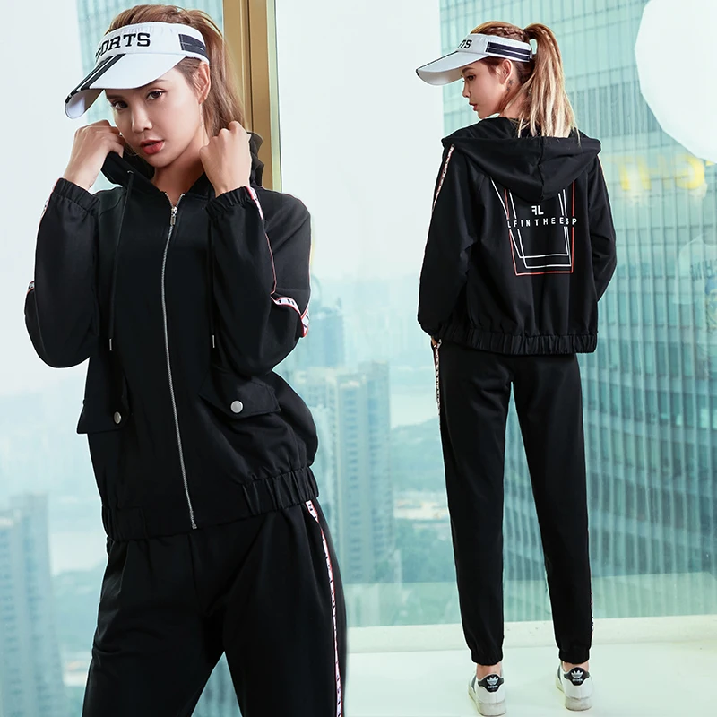 Спортивная куртка женская Veste sport femme, куртки для йоги, Спортивная Куртка jaqueta feminina, толстовка с капюшоном, толстовка, женская кофта для бега, спортивный костюм - Цвет: Black Jacket Pants