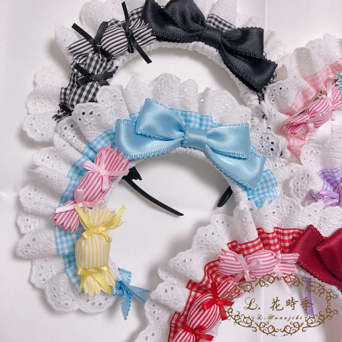 

Maid KC Cosplay Japanese Soft Girl Cute Candies Bow Plaid Lace Headband Sweet Lolita Handmade Hair Hoop Apron Hair Accessories