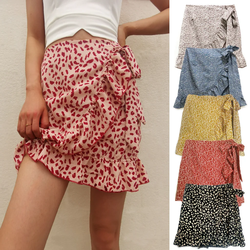 

Multi Dot Print Short Mini Skirts Women Summer Ruffle High Waist Bow Tie Skirt Ladies Streetwear Slim Bottoms Saias 2020