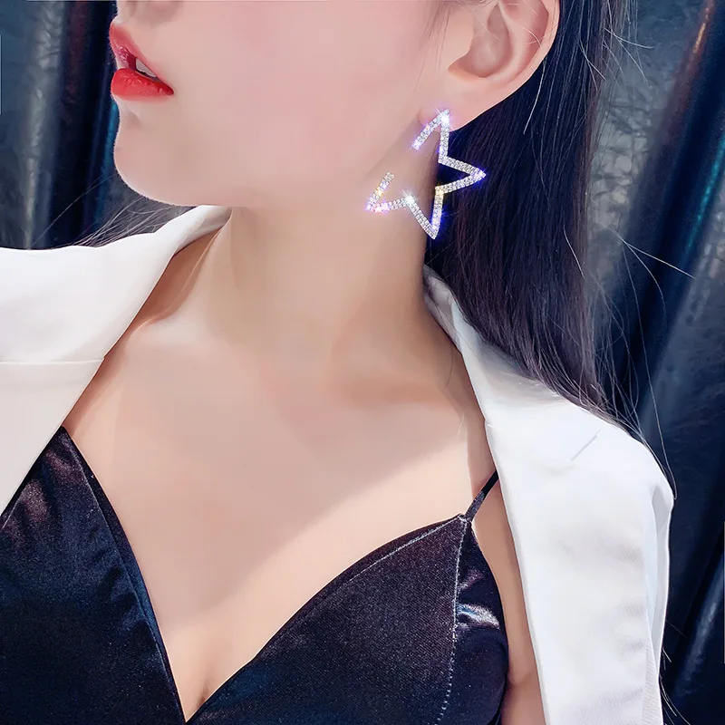DREJEW Luxury Big Gold Silver Rhinestone Star Christmas Dangle Earrings Korean 925 Alloy Drop for Women Jewelry HE186 | Украшения и