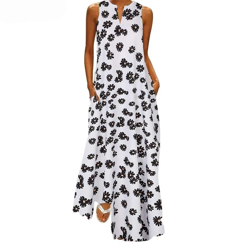 

2021 New Summer Floral Casual Sleeveless Long Dress Women V-neck Off Shoulder Sexy Elegant Vintage Dresses Plus Size Midi Dress