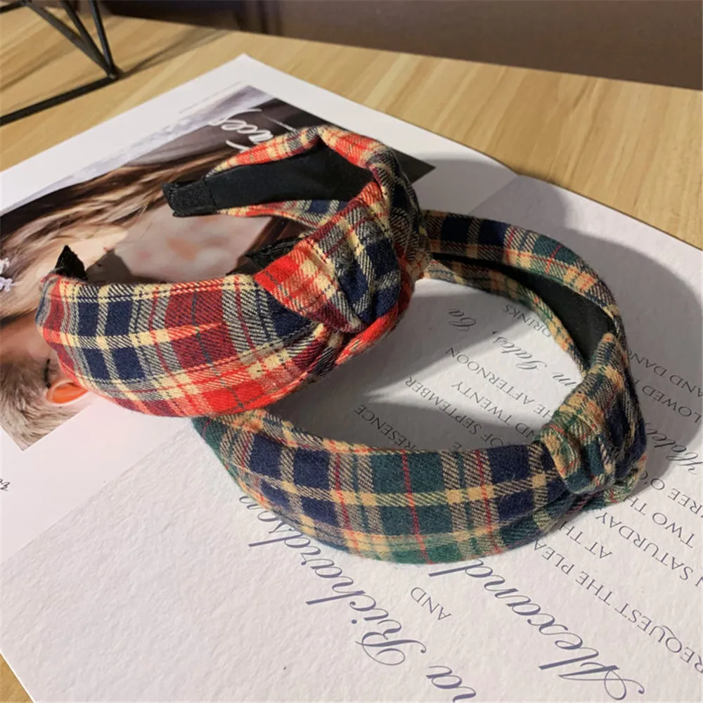 

Women Girl Headbands Wide Plaid Knot Fabric Korean Vintage Hairband Sweet Hair Accessories Head wear Wholesale Fashion New