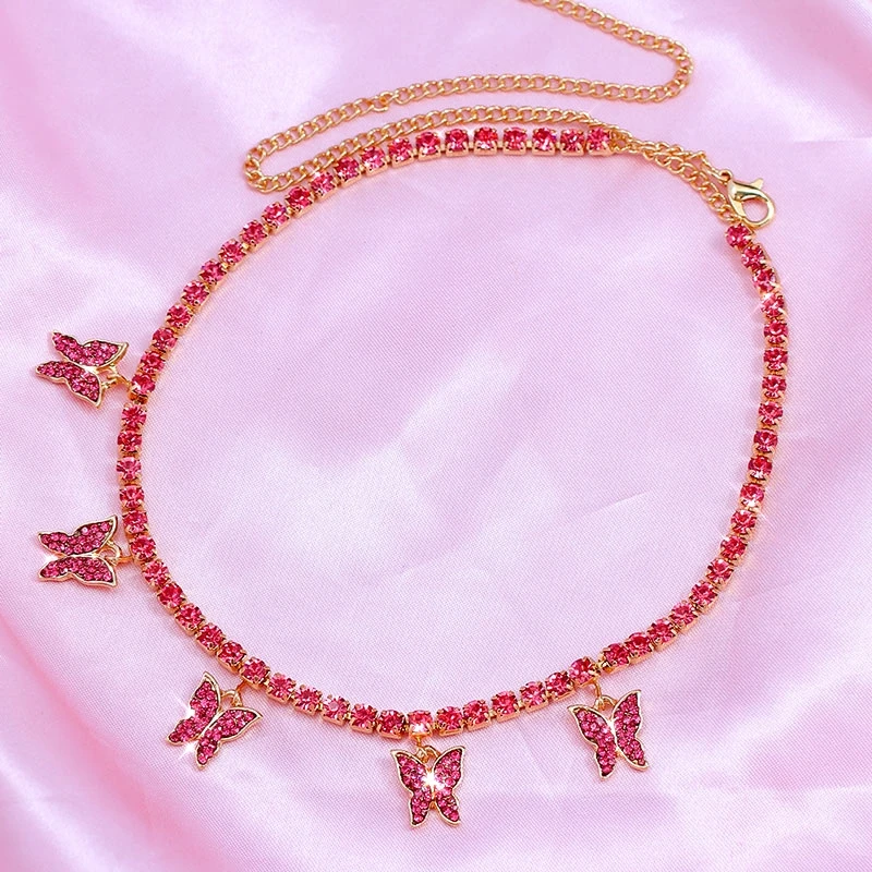 

Caraquet brilhando cristal tnis borboleta gargantilha colares para mulher ouro prata cor bling strass corrente colares jias