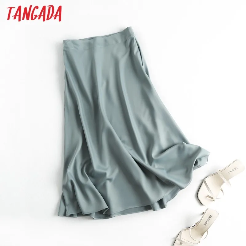 

zipper women skirts vintage chic Tangada A-line elegant office satin midi solid side skirt quality ladies 6D18 quality satin mid