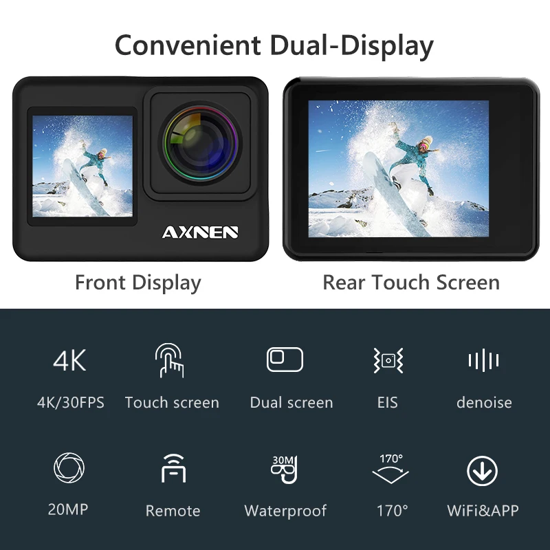 AXNEN A10 Action Camera 4K Video Shooting Sports Cam EIS Touch Screen Webcam 20MP Vlog Wifi Remote Car DVR Looping Record | Электроника