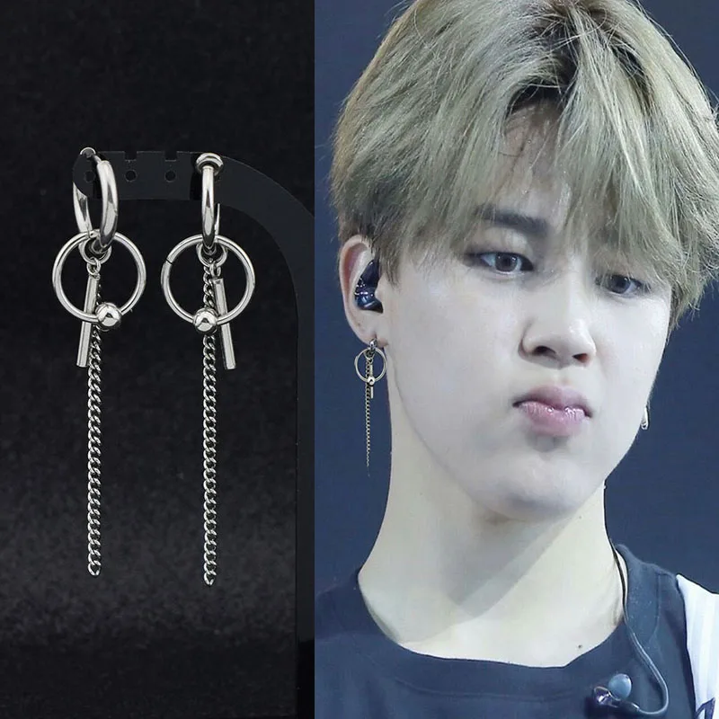 Новые корейские серьги для мальчиков KPOP из нержавеющей стали JiMin Длинная цепочка