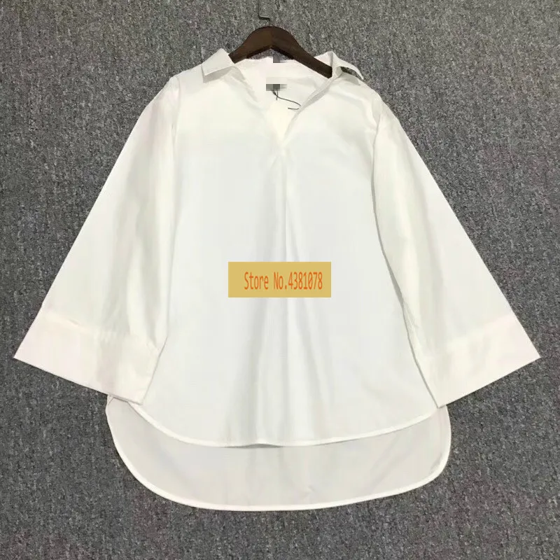 

Oversize Wide-sleeved V-neck A-line Round Hem Shirt Pure White Camel Tops