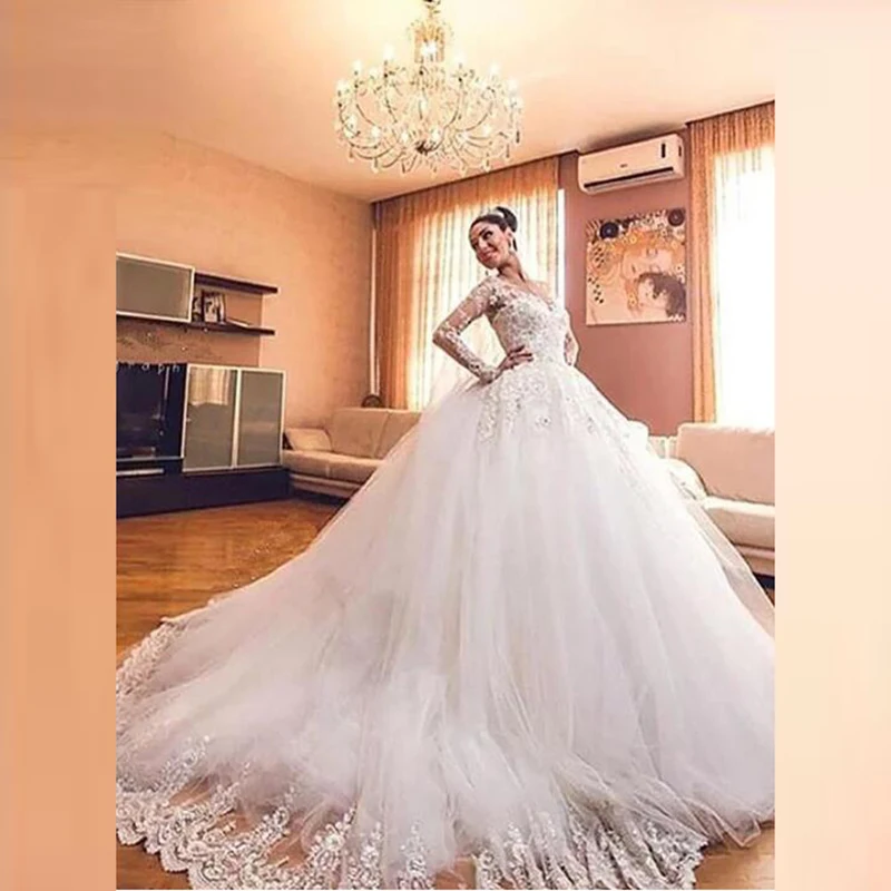 

Gorgeous Princess Lace Ball Gown Bridal Wedding Dresses Long Sleeves V Neckline Illusion Back Wedding Gowns for Bride Appliqued