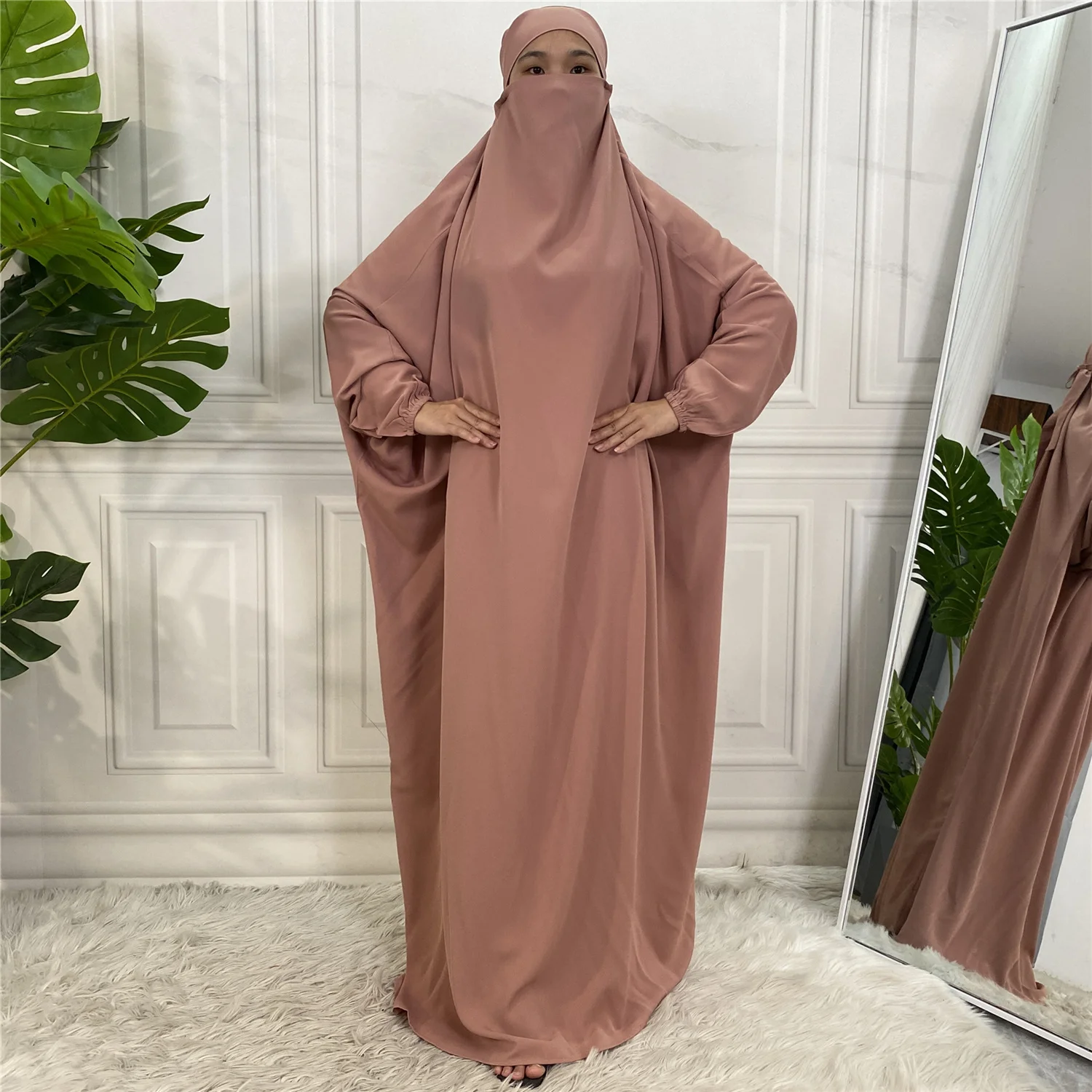 

Middle East Fashion Islamic Long Dress Prayer Clothes Women Half Niqab Hijab Muslim Abaya Khimar set Ramadan Dubai Robe Moroccan
