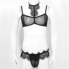Мужские экзотические комплекты Sissy, прозрачный кружевной топ с отделкой, бюстгальтер набор нижнего белья топ с открытыми ягодицами, трусы с карманом, нижнее белье