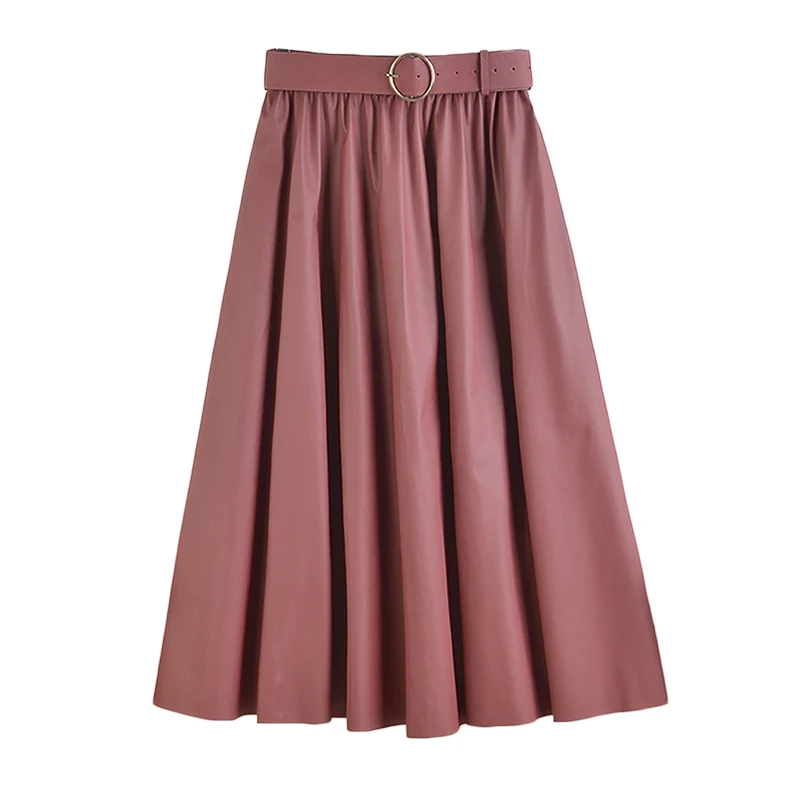 

NEW Winter Women PU Faux Leather Midi Skirts Fashion Vintage Sashes A-Line High Waist Flare Belt Skirt Longa Saia