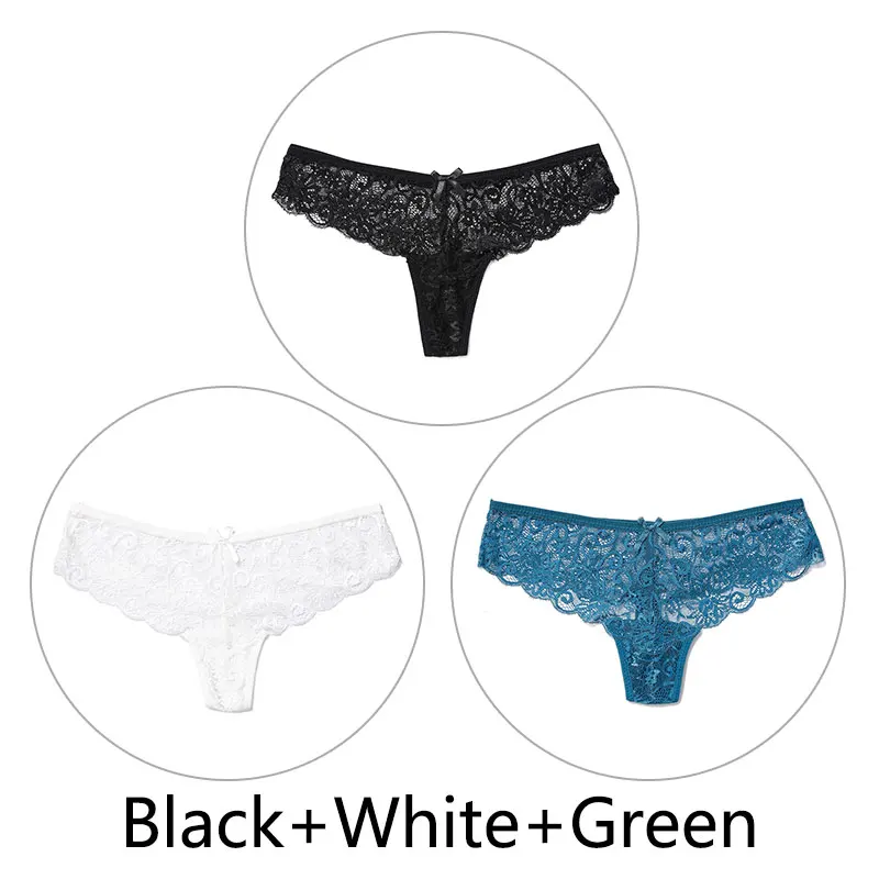 Black White Green 3 шт., сексуальные кружевные трусики женские стринги и стринги, открытая низкая талия, нижнее белье, прозрачные танга, женское нижнее белье, дышащее - Цвет: Black White Green