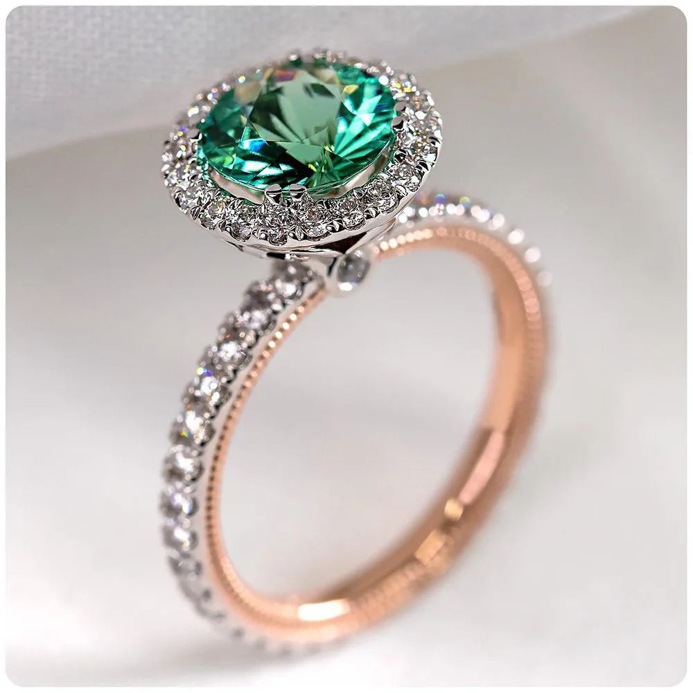 

Royal Jewelry Princess Diana Soild Rose Gold Ring Natural Emerald Engagement Wedding Band Rings for Women Bridal Prasiolite