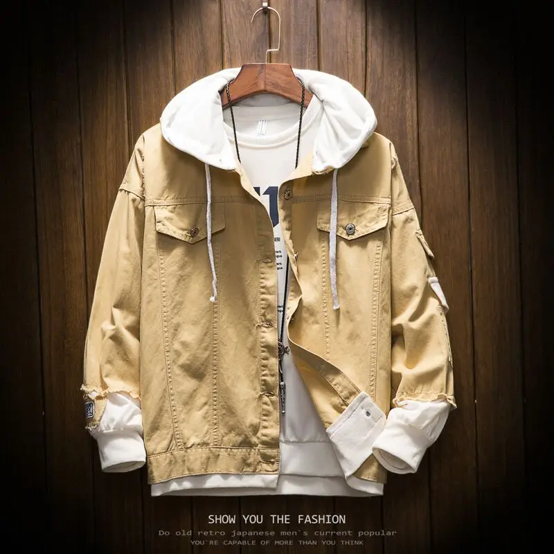 Повседневная мужская джинсовая куртка с капюшоном свободная дырками однотонная