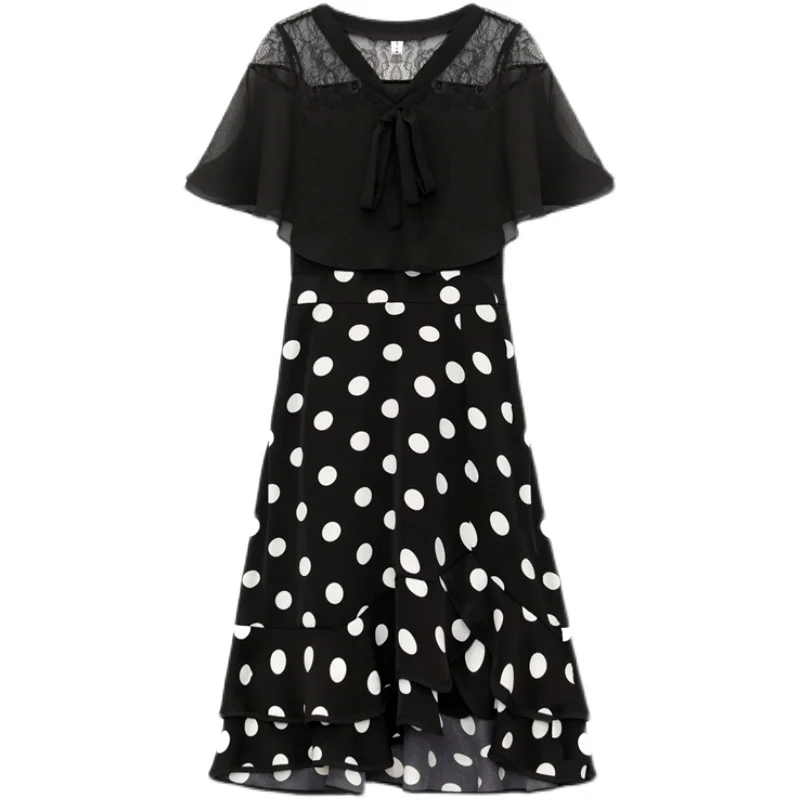 

COIGARSAM 3XL Plus Size Fashion Patchwork Women dress New Summer Polka Dot Lace Chiffon Short Sleeve V-Neck Dresses 8052