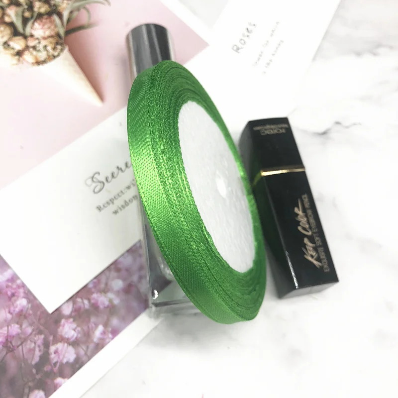 green HINDJEF 6 мм 25 ярдов Розовый Шелковый Атласный органза полиэстер лента для шитья Свадебная вечеринка ручной работы украшения тесьма подарочная упаковка - Цвет: green