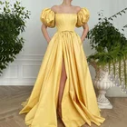 Женское атласное вечернее платье, желтое длинное платье до пола, с коротким рукавом-фонариком, без бретелек, с Боковым Разрезом, платье для выпускного вечера, 2021