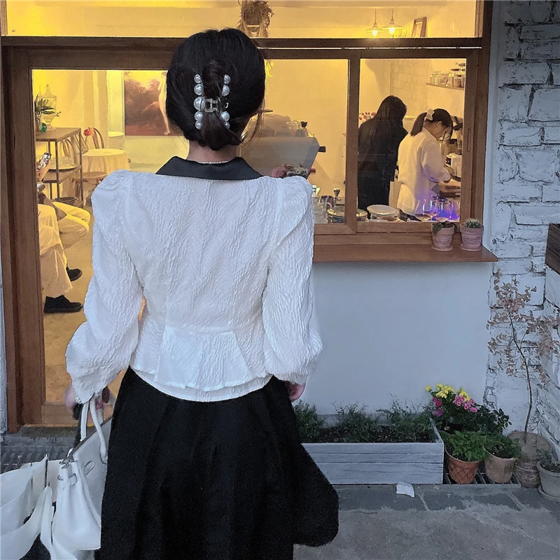 

Shirt Women's Short Design Sense Small Slim Long-sleeved Shirt Spring 2021 New Korean Version of The Lotus Leaf Side Top