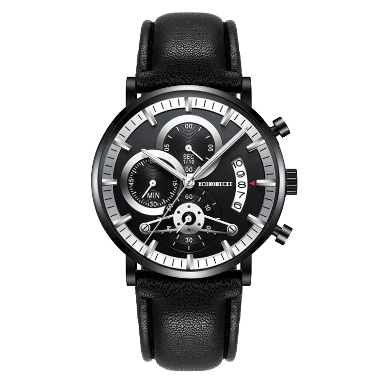 Новые Бизнес Мужские часы кожа черный кварц многофункциональный календарь