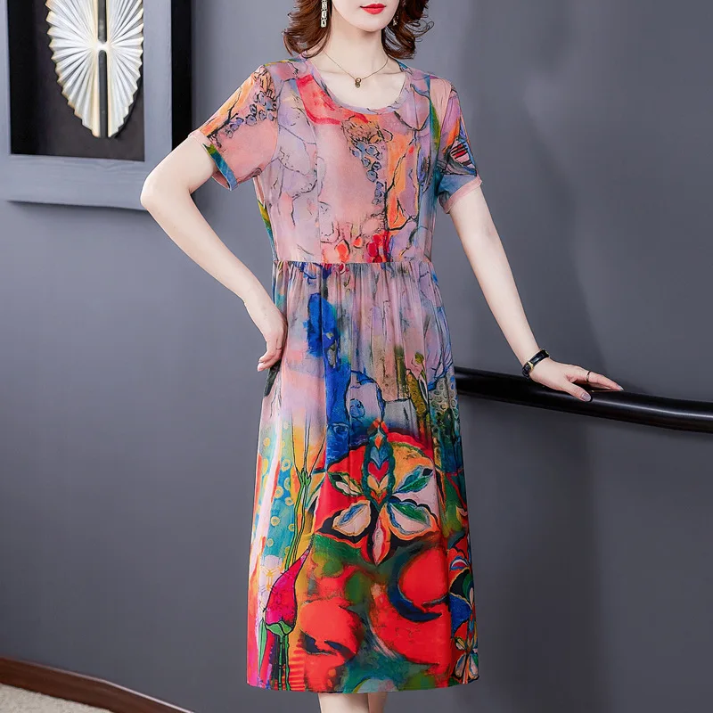 

Silk dress 2020summer new fashion slim beach vacation printed short-sleeved dress large size M-4XL high quality elegant vestidos