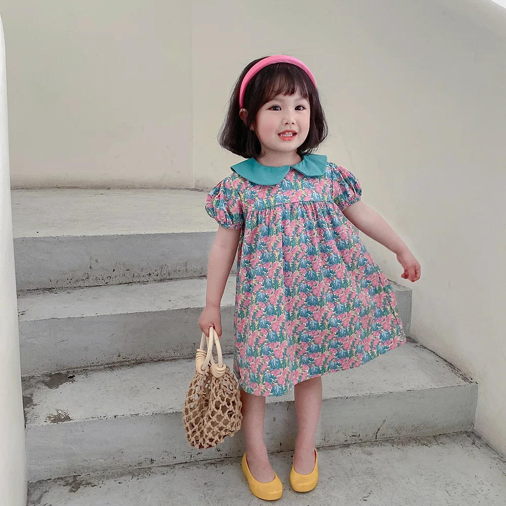 

Girls Casual Dresses 2021 Korean Style Summer Toddler Girl Floral Vestidos Short Puff Sleeve Children Ruffles Clothes 1-6T