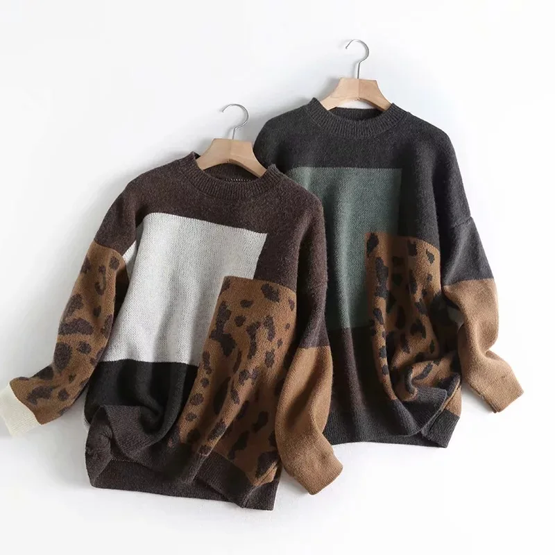

2020 Women Sweater And Pullovers O-Neck Long Sleeve Vintage Knitted Leopard Women Sweater Autumn Pullovers
