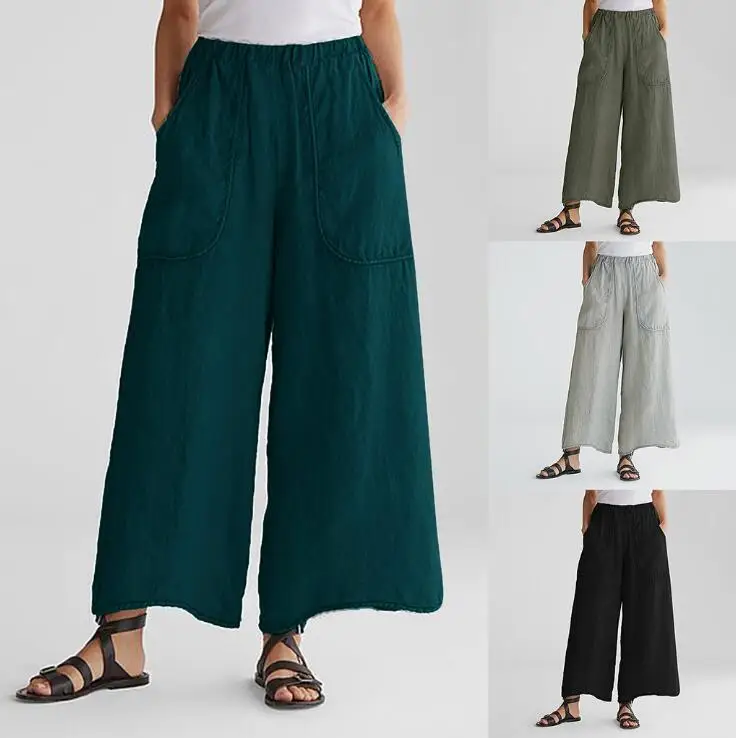 

WenQing Womens Casual Loose Baggy Soft Mid-Rise Cotton Linen Cropped Wide Leg Pants Trouser