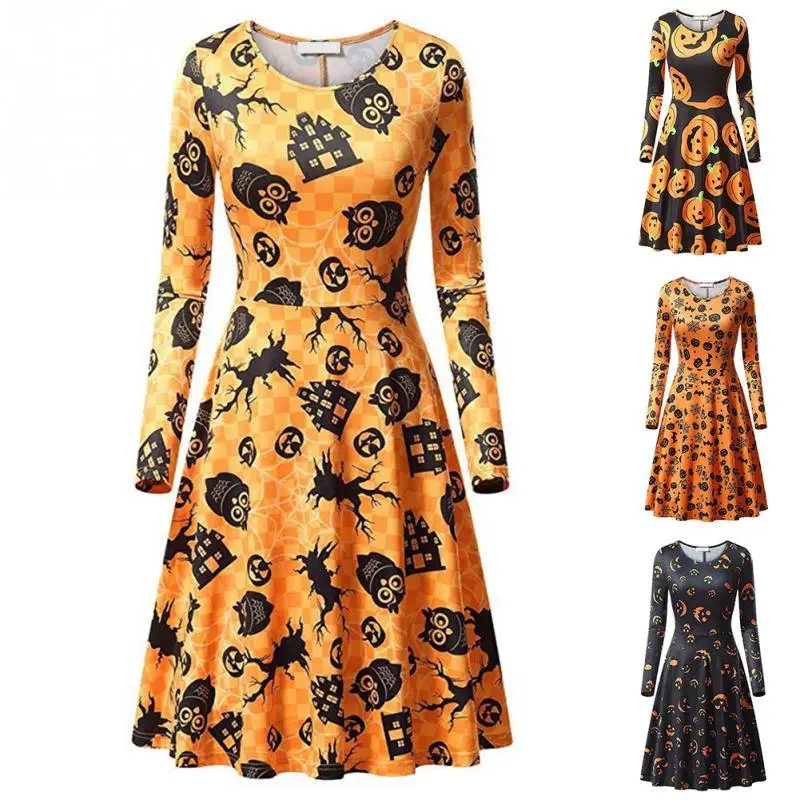 Женский костюм для хеллоуина с длинными рукавами и круглым вырезом расклешенное