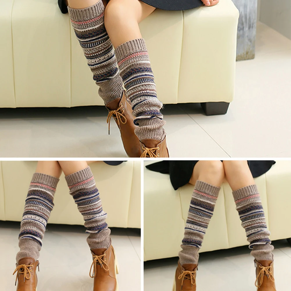

1 Pair Foot Women Leg Warmer Crochet Adult Ladies Thickened Lengthen Knee High Boot Winter Autumn Contrast Color Fine Knitted