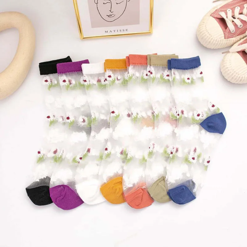 Silk Ultrathin Mid Tube Socks 1Pair Embroidered Flower for Women Transparent Breathable Summer Sock Nice Gift | Женская одежда