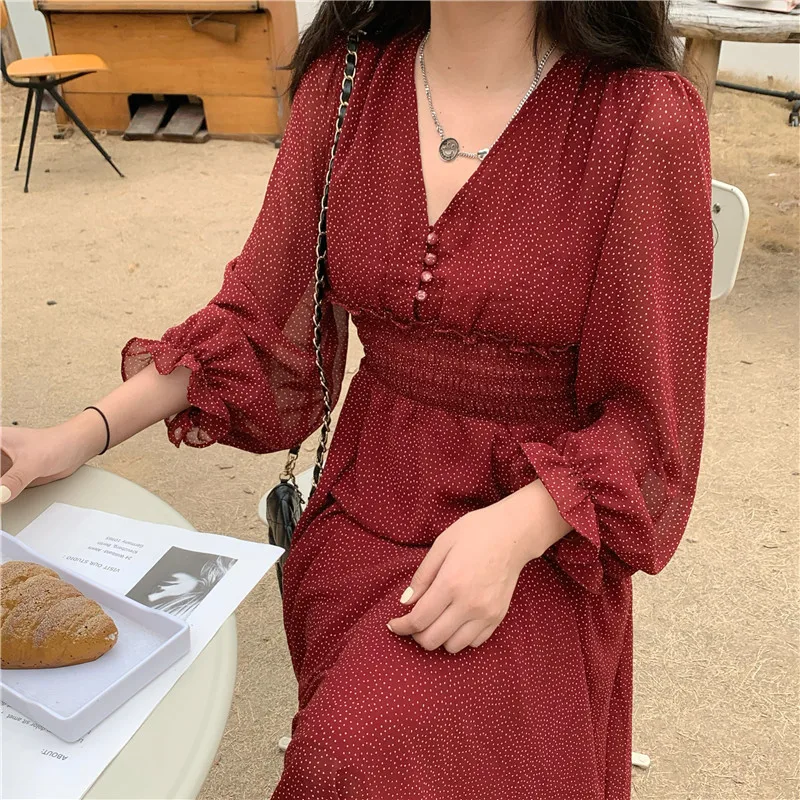 

Plus size dresses for women 4xl 5xl 6xl Korean style polka dot print chiffon midi dress Black long sleeve v neck A-line dress