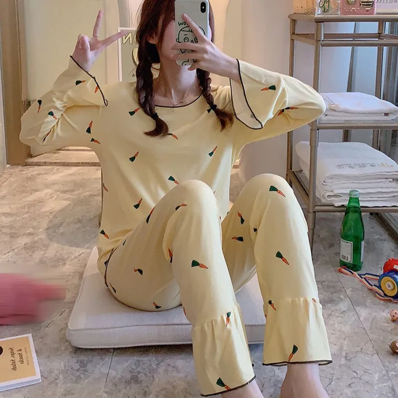 Kawaii, 2 шт., женская пижама, комплект, милый рисунок морковки, повседневные топы, штаны, домашняя одежда для сна с длинным рукавом, Pijama Mujer