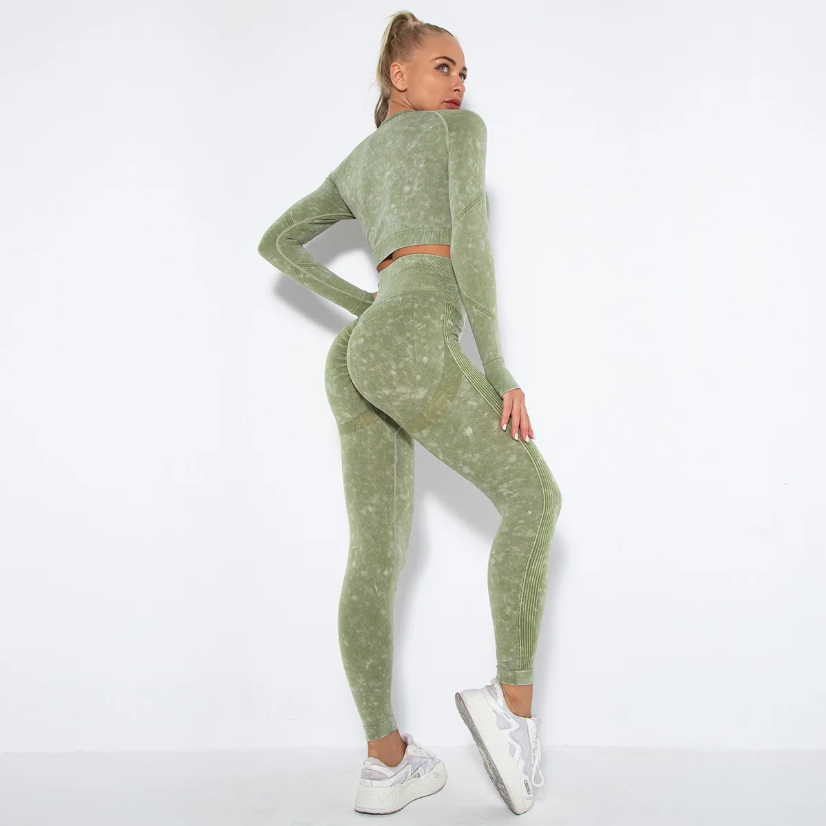 Yoga Suit Seamless Set Women 2 Piece Gym Sportwear Booty Scrunch Sport Leggings And Top Long Sleeve Shirts High Elastic Workout | Спорт и