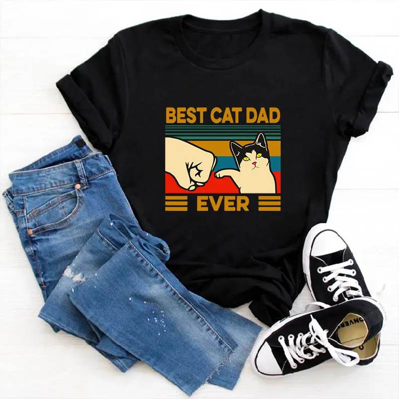 

T Shirts Women Best Cat Dad Ever Printing Casual Tshirt Cartoon 90s Girl Funny Cute Harajuku Tee Black Tops Femme T Shirts Women