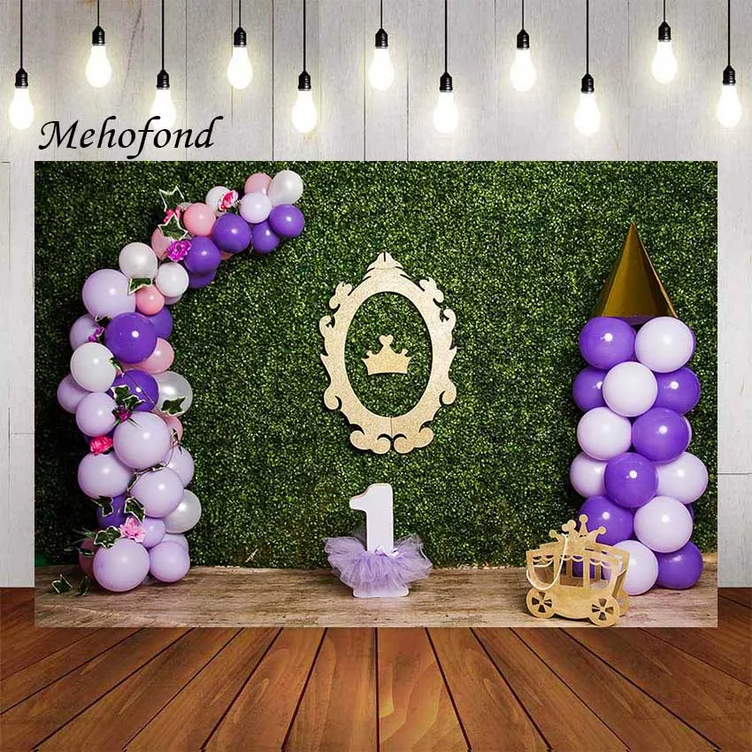 

Mehofond фон для фотосъемки с изображением зеленой травой стены фиолетовый шар для маленьких принцесс День рождения декоративный фон для студи...