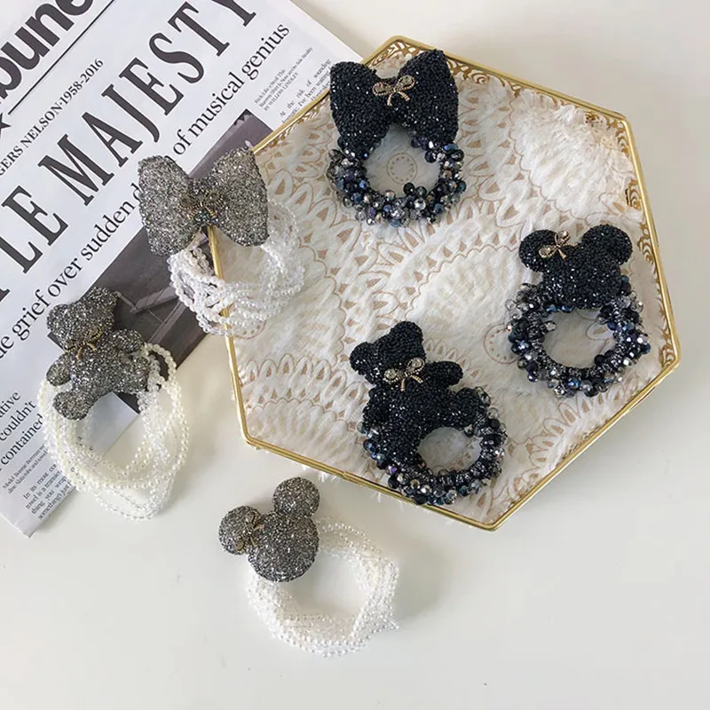 

Cartoon Hair Rope Wild Accessories Women Bear Bow Pearl Rhinestone Hair Tie Crystal Rubber Band Beaded Bracelet High Elasticity