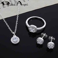 black angel 925 silver crystal jewelry sets for women inlaid white gemstone pendant necklace zircon earrings simple ring gifts