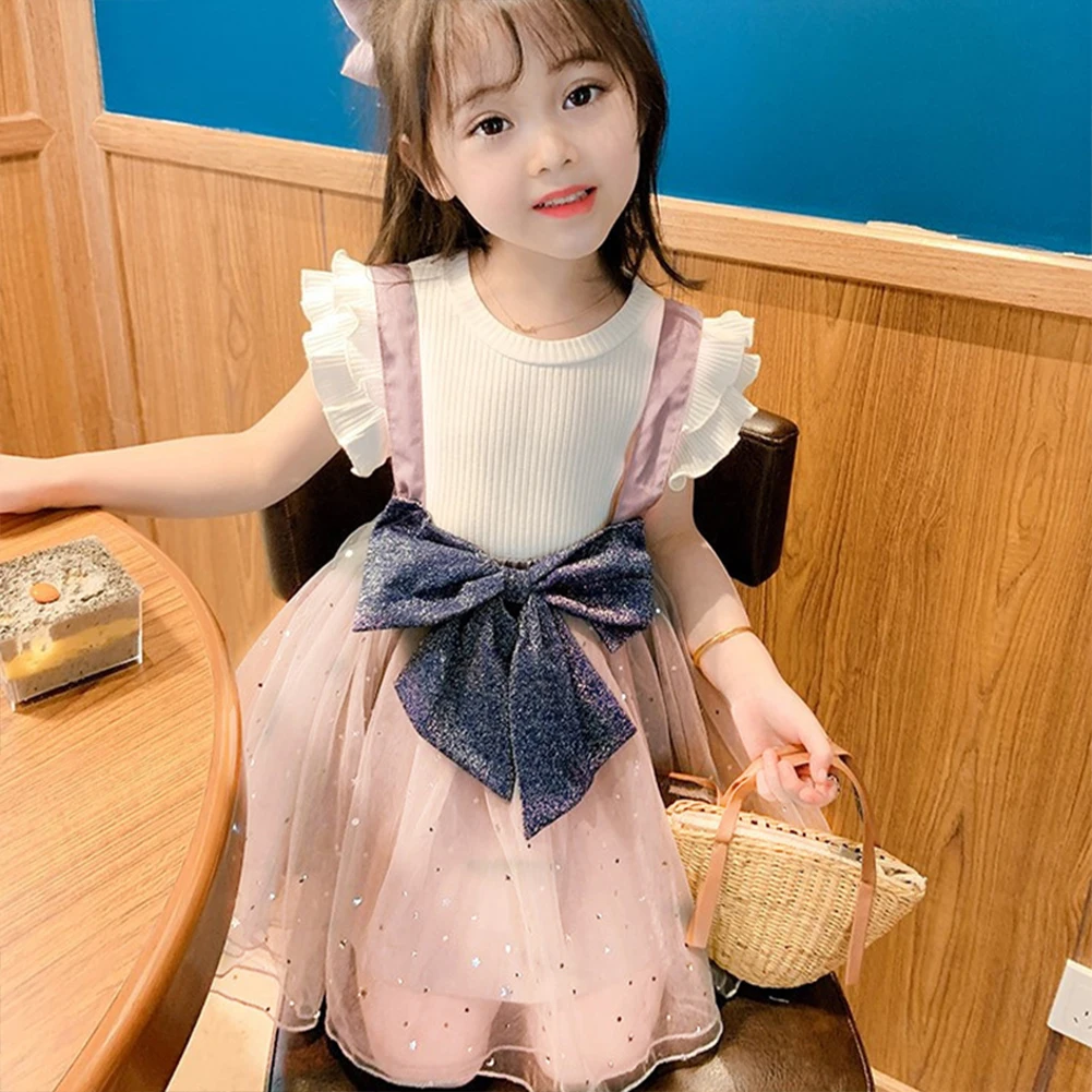 Платье с бантом для девочек костюм футболка в полоску рукавами-крылышками + жилет