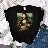T Shirts Mona Lisa Hugging Cat Lovely Cute Printed T-Shirt For Women'S Crewneck Gothic Women Tshirt Casual Oversize Tee Shirts