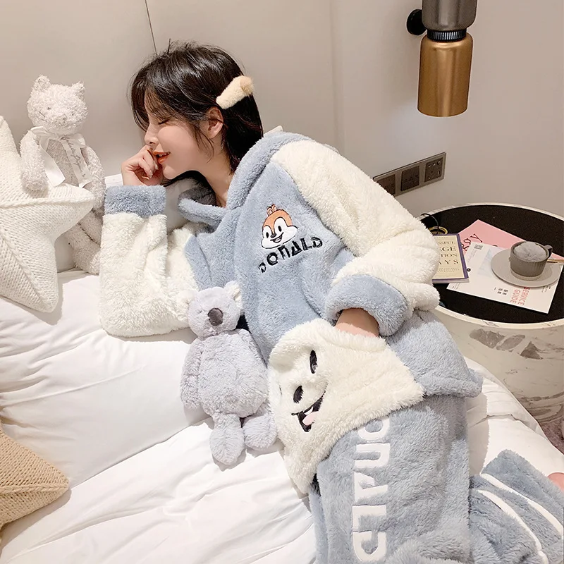 Сезон осень зима Женская плюшевая Пижама с капюшоном и милыми заячьими ушками