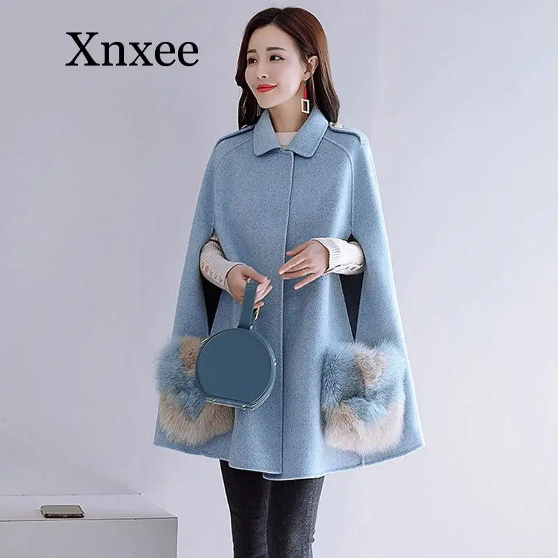 Женское шерстяное пальто-накидка с отложным воротником элегантное пончо и