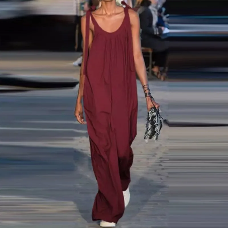 

Fashion V Neck Tie-up Bow Strappy Jumpsuit Women Elegant Wide Leg Pants Romper Vintage Sleeveless Loose Casual Overalls Bodysuit