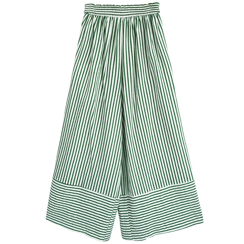 Fashion High Waisted Wide Leg Pants Woman Loose Green Stripe Trousers Women Ankle-Length Clothes 2018 | Женская одежда