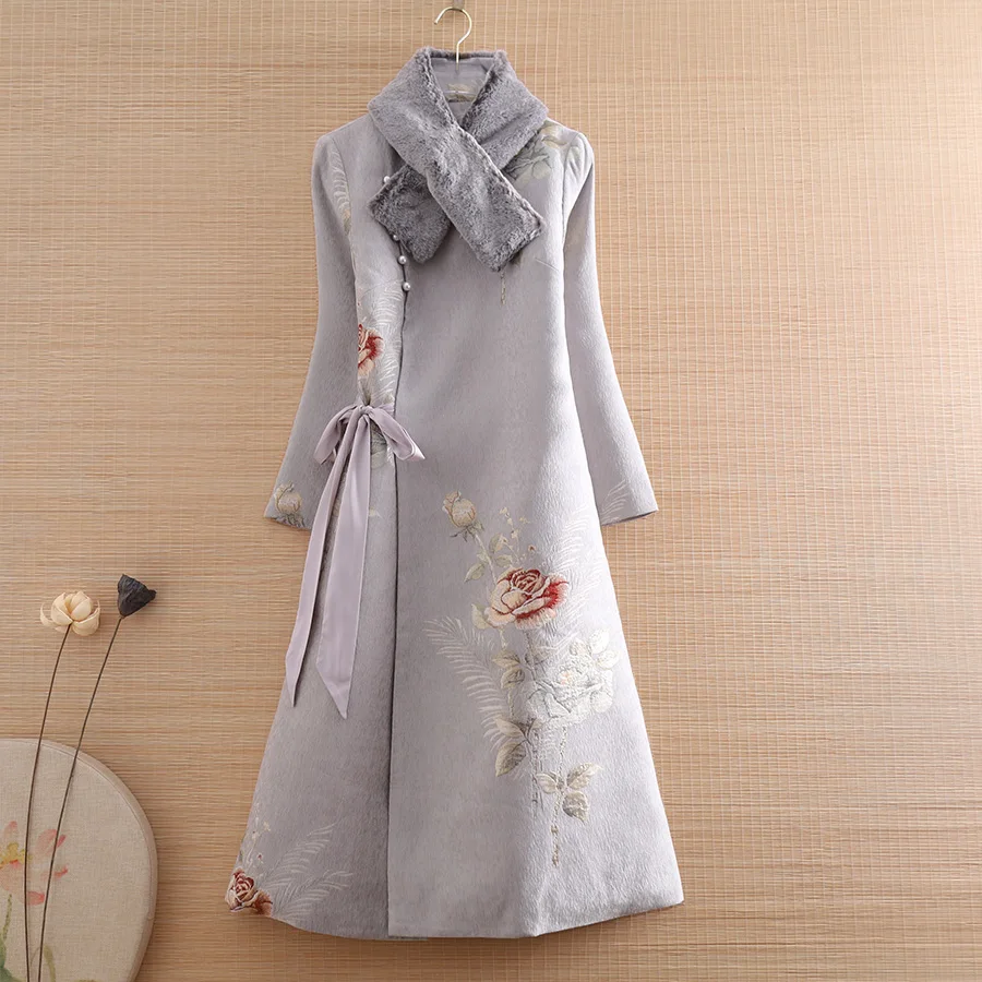 High-end Winter Women Fur Collar Coat Top Chinese Style Retro Jacquard Floral Elegant Loose Lady Warm Trench Coat Female S-XXL