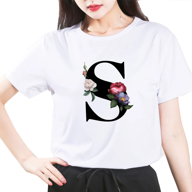 

Custom name 26 letter combination women's High quality printing T-shirt Flower letter Font S Short sleeve Clothes