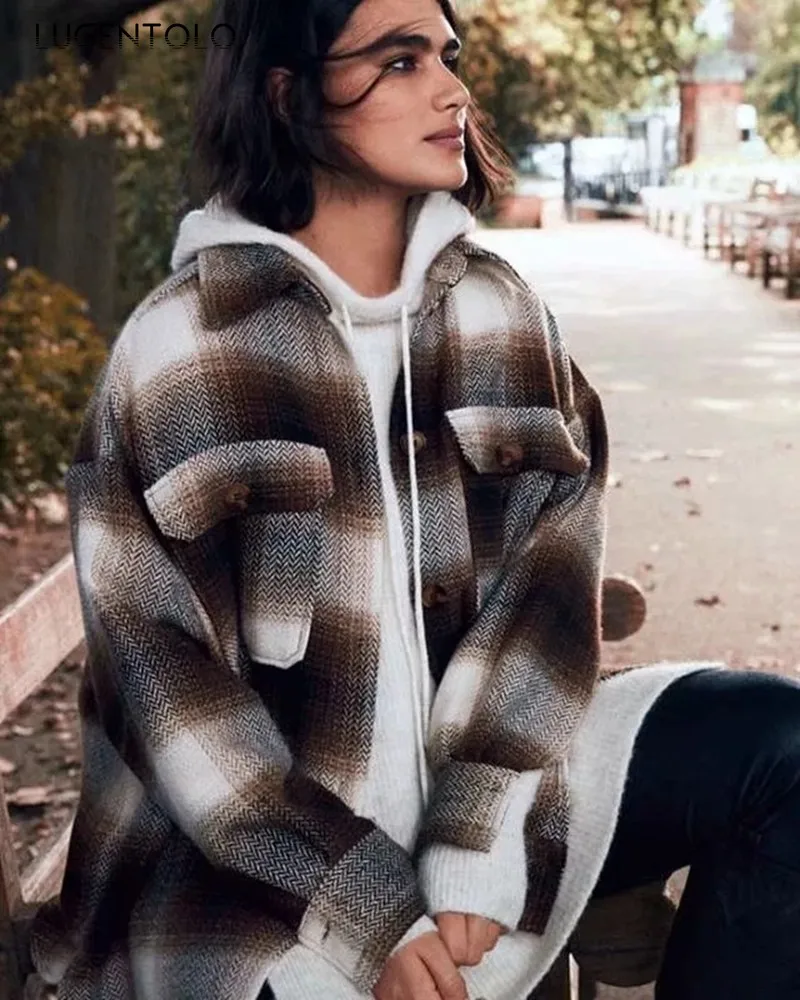 

Lugentolo Women Woolen Autumn Winter Retro Plaid Loose Coat Woolen Fashion Turndown Collar Button Female New Jackets