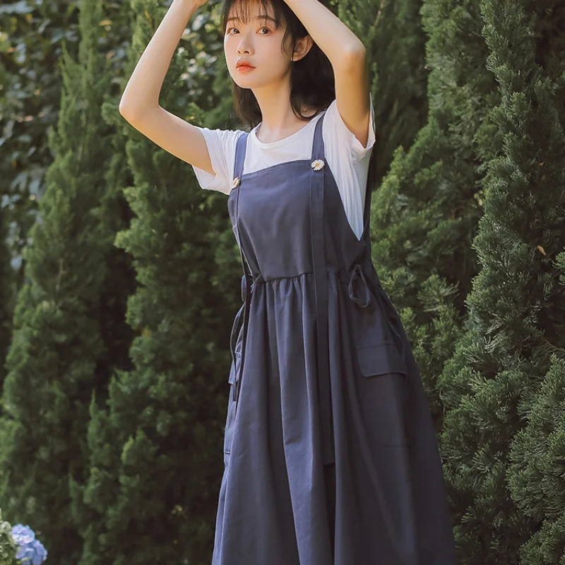 

Small Fresh and Sweet Age-reducing Strap Dress Female Summer New High Waist Type H Long Skirt Two-piece Suit