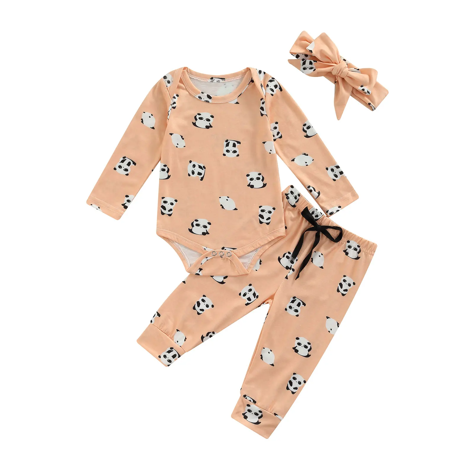 

3Pcs Autumn Baby Girls Boys Outfit, Infant Cartoon Panda Printing Long Sleeve Round Collar Romper + Long Pants + Headwear Set