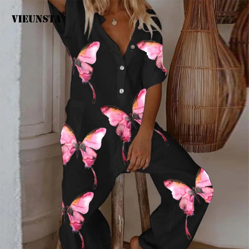 

2021 Spring Elegant Butterfly Skull Print Playsuit Summer Sexy Short Sleeve Loose Rompers Fashion Women Party Jumpsuit Mujer 3XL